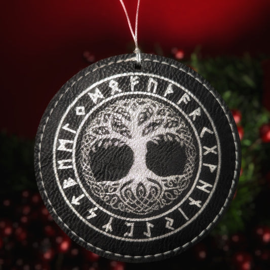 Yggdrasil Rune Futhark Yule Ornament | Vegan Leather Norse Pagan Asatru Holiday Ornaments