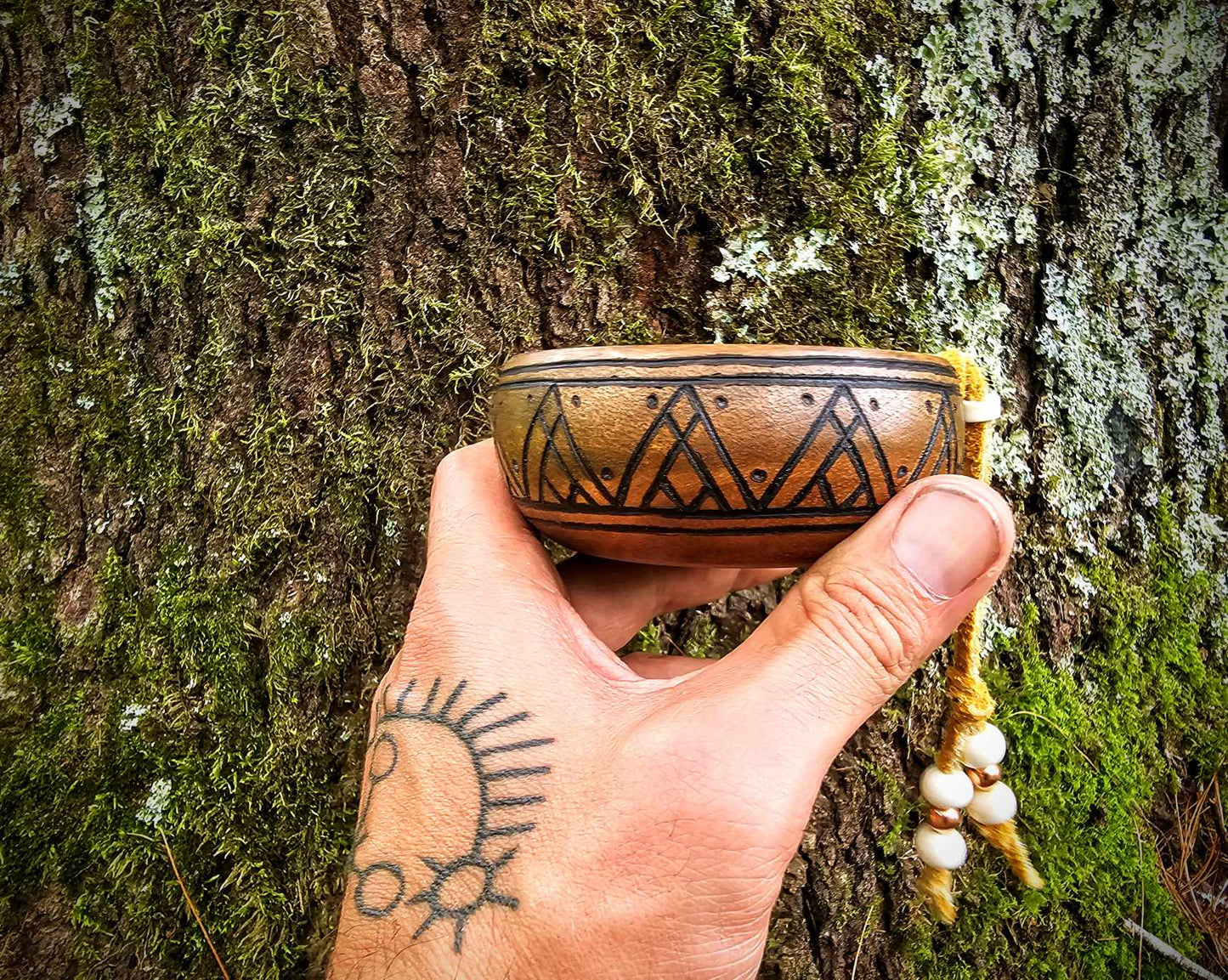 Acacia Wood Offering Bowl With Buckskin Strap, Bone Beads, and Copper Beads