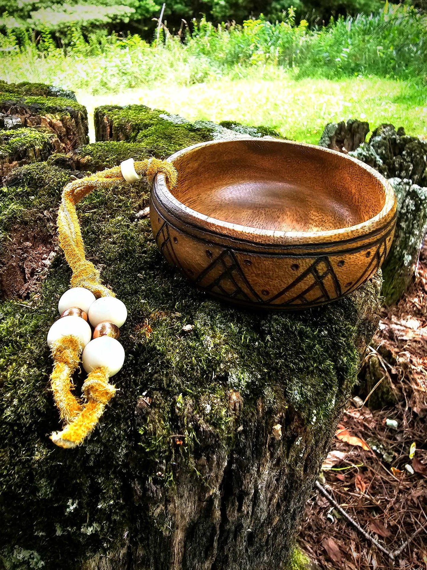 Acacia Wood Offering Bowl With Buckskin Strap, Bone Beads, and Copper Beads