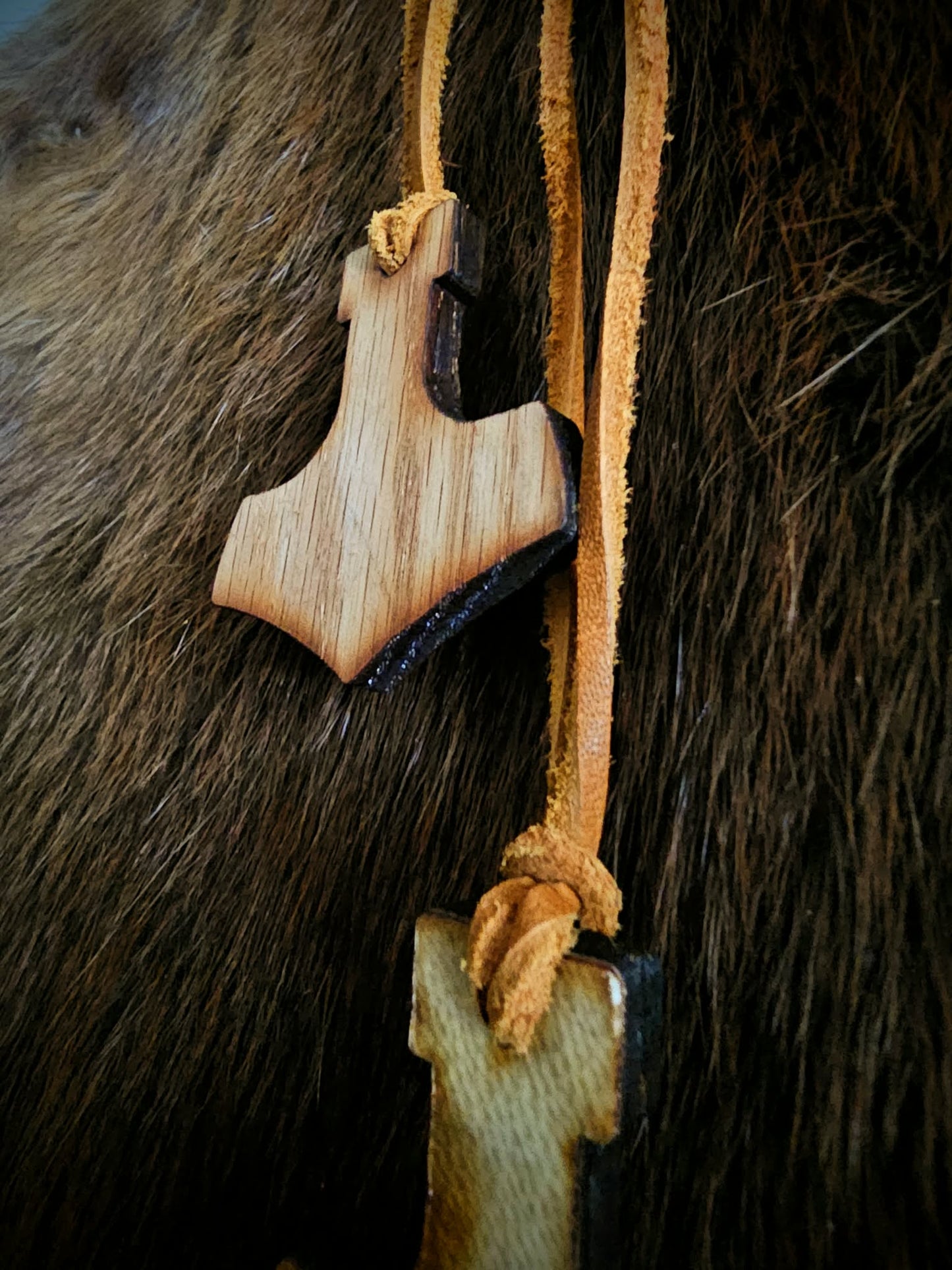 Oak Wood Bear Hide Mjölnir Pendant on Adjustable Leather Cord