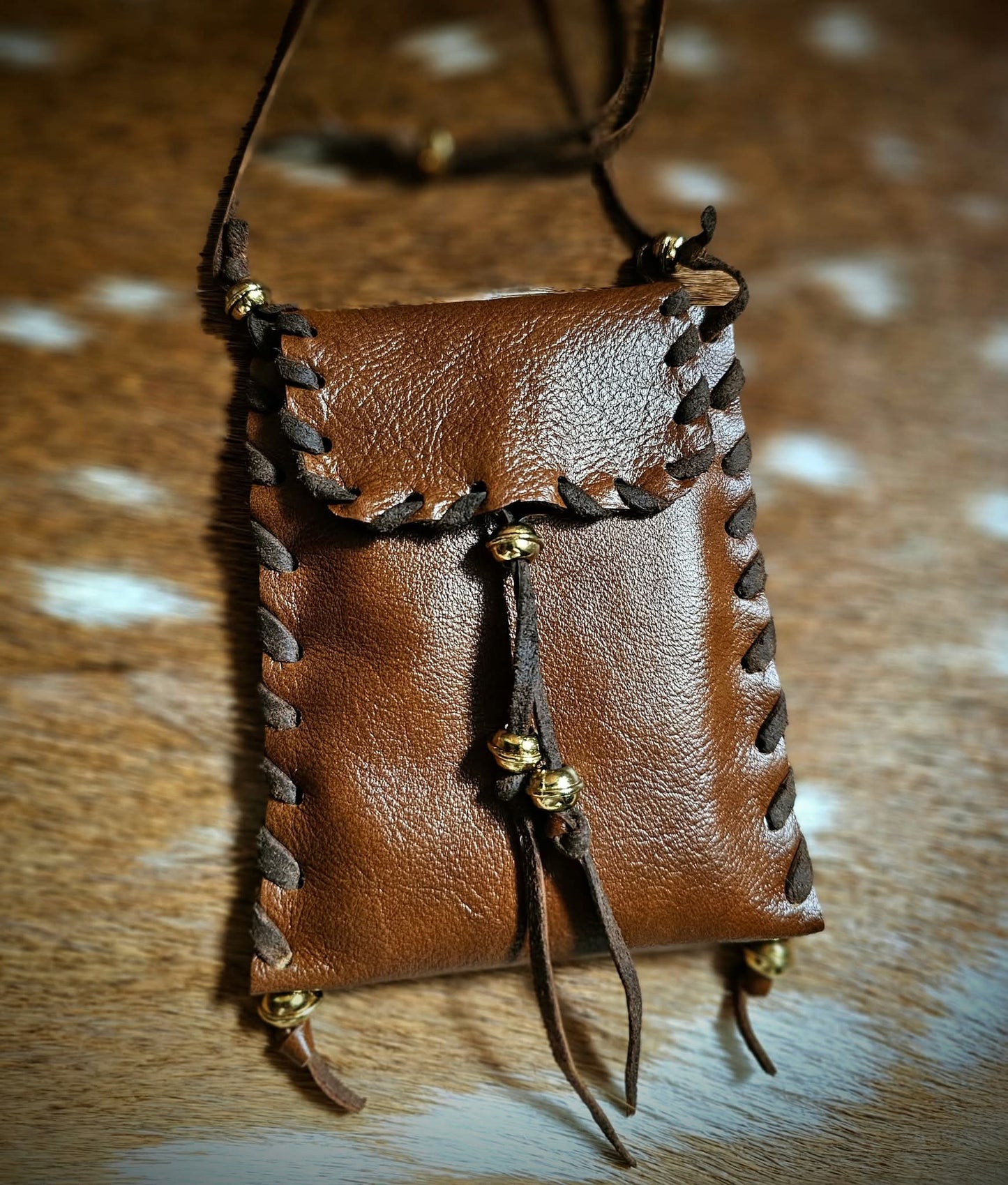 Brown Cowhide Leather Neck Pouch Tobacco Bag With Brass Beads