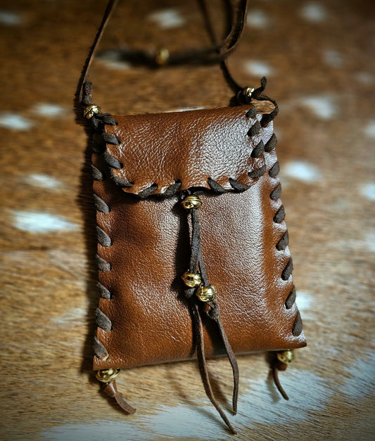 Brown Cowhide Leather Neck Pouch Tobacco Bag With Brass Beads