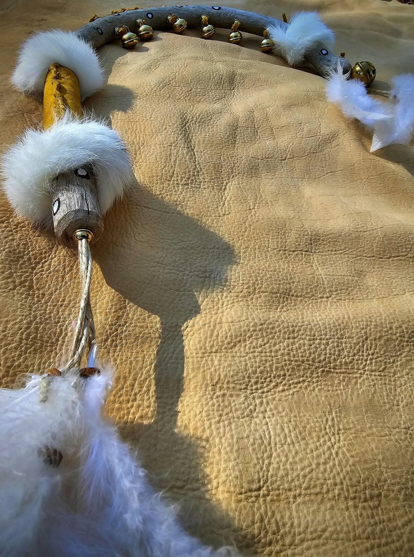 Seven Sisters Hand Carved and Painted Hawk Bell Rattle With Rabbit Fur and Buckskin