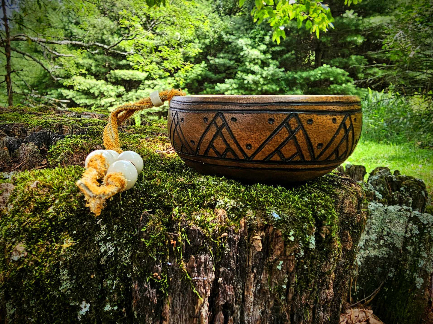 Acacia Wood Offering Bowl With Buckskin Strap, Bone Beads, and Copper Beads