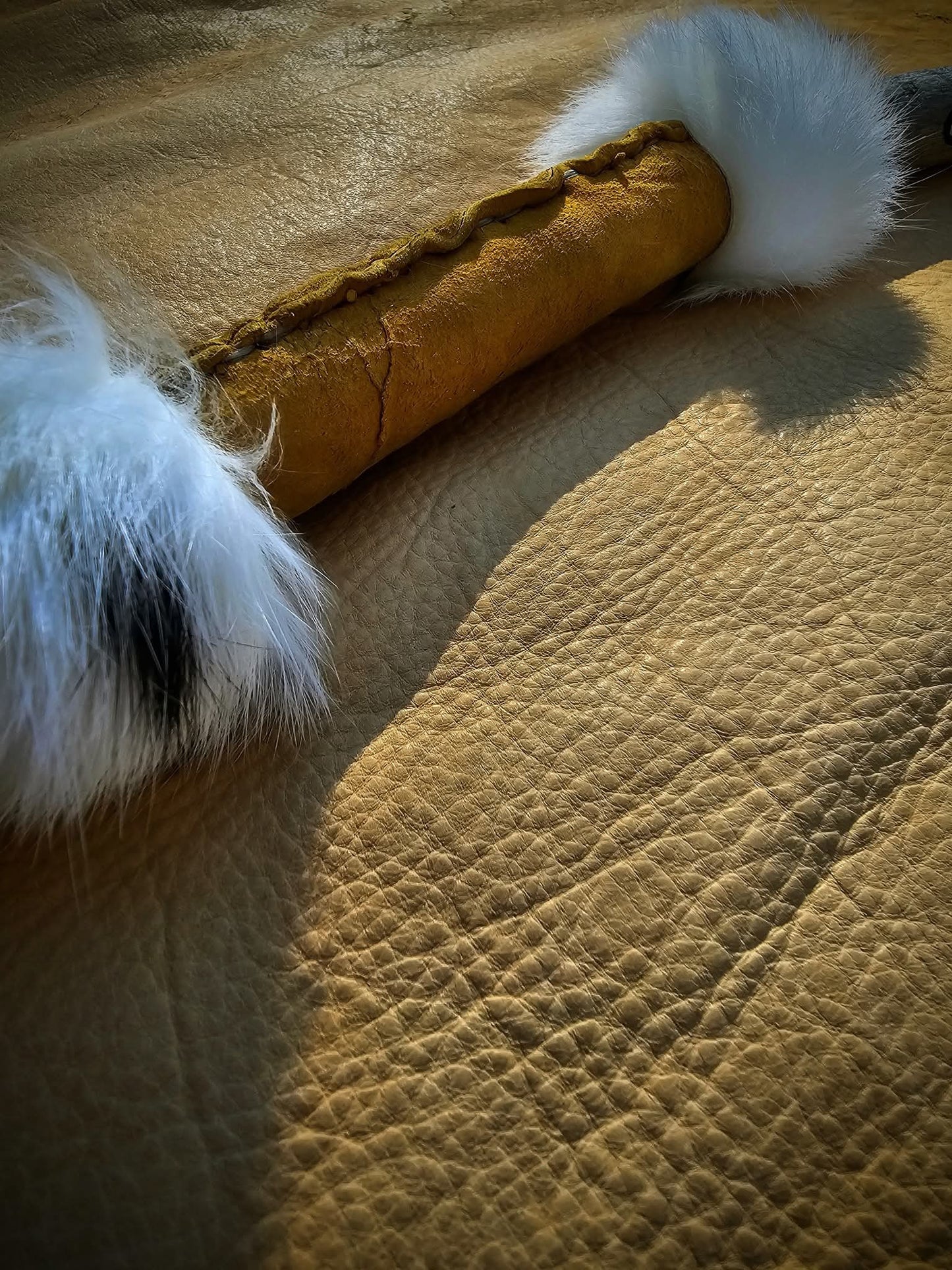 Seven Sisters Hand Carved and Painted Hawk Bell Rattle With Rabbit Fur and Buckskin