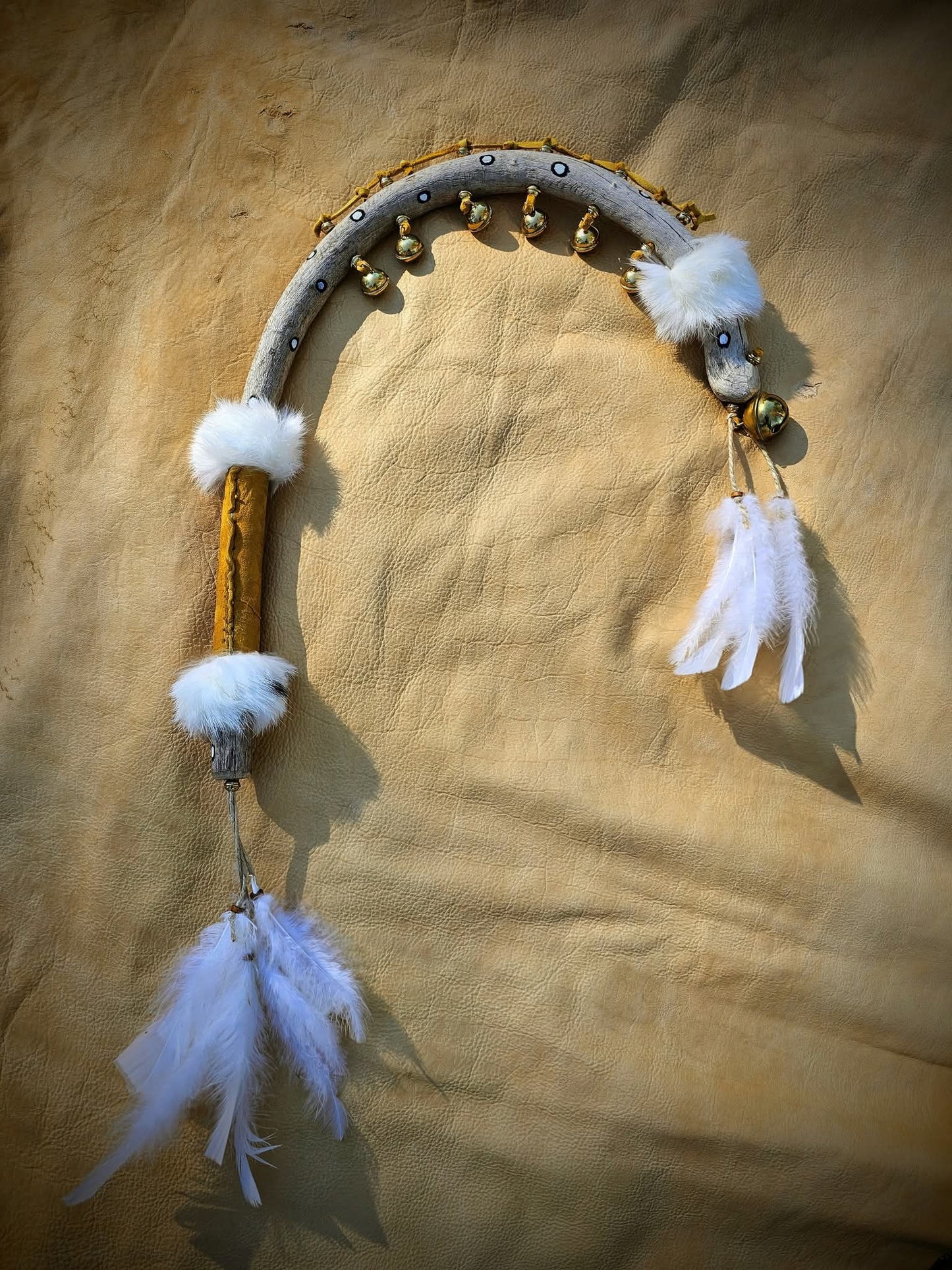 Seven Sisters Hand Carved and Painted Hawk Bell Rattle With Rabbit Fur and Buckskin