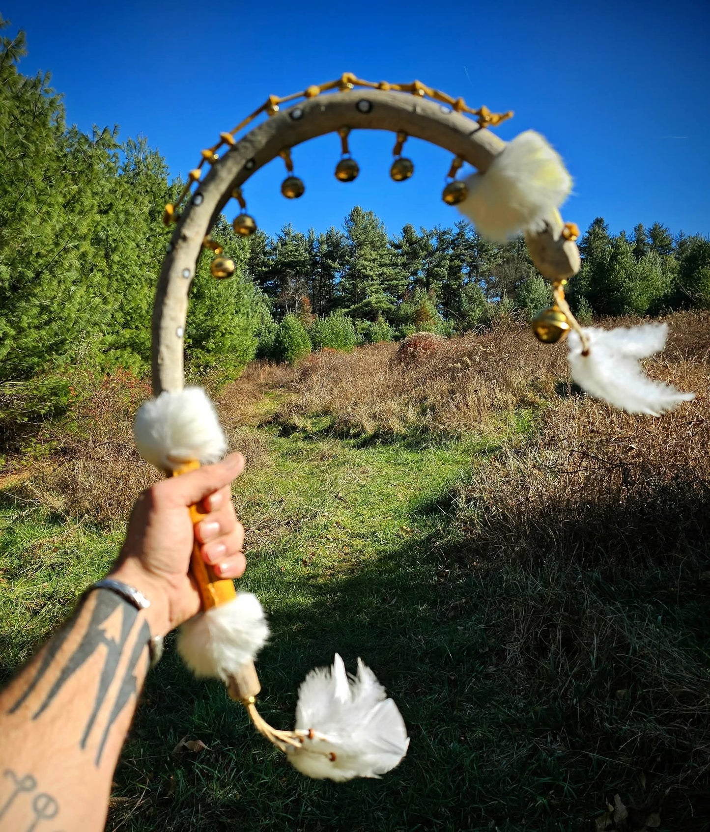 Seven Sisters Hand Carved and Painted Hawk Bell Rattle With Rabbit Fur and Buckskin