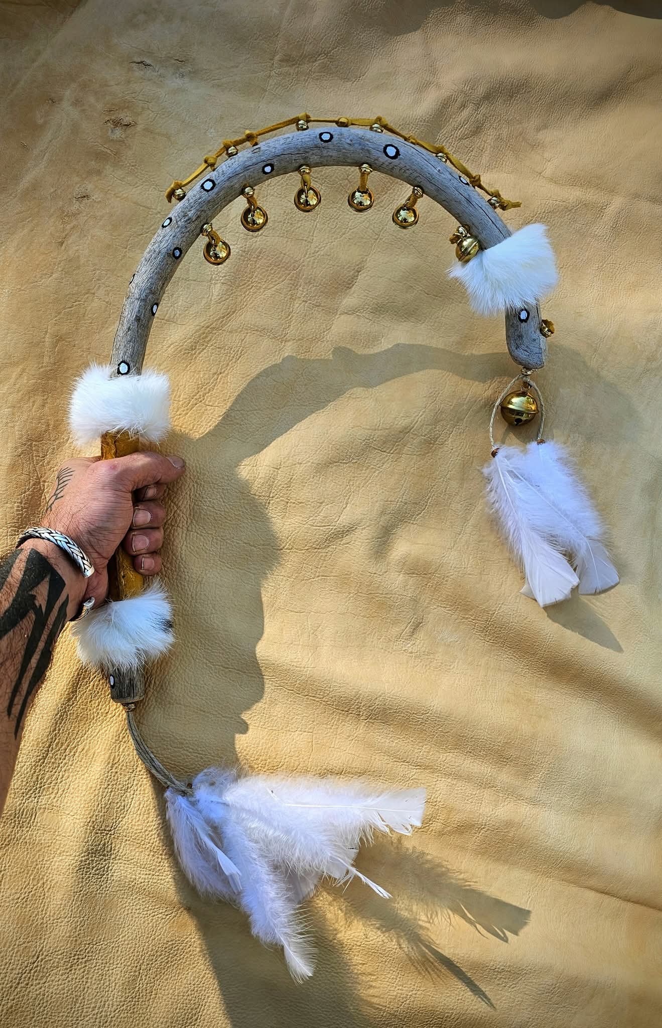 Seven Sisters Hand Carved and Painted Hawk Bell Rattle With Rabbit Fur and Buckskin