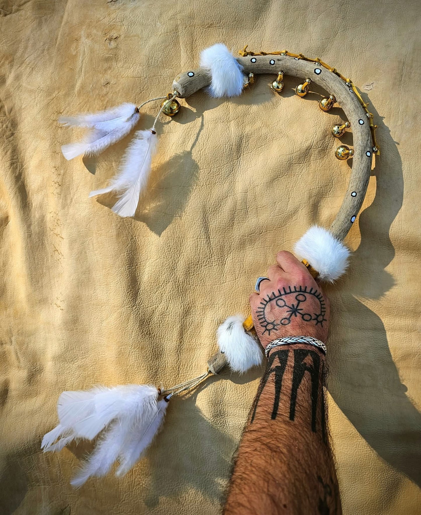 Seven Sisters Hand Carved and Painted Hawk Bell Rattle With Rabbit Fur and Buckskin