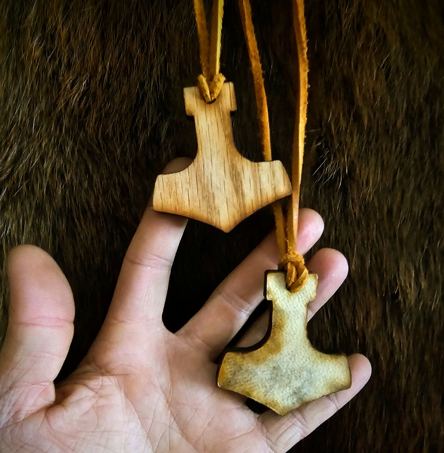 Oak Wood Bear Hide Mjölnir Pendant on Adjustable Leather Cord