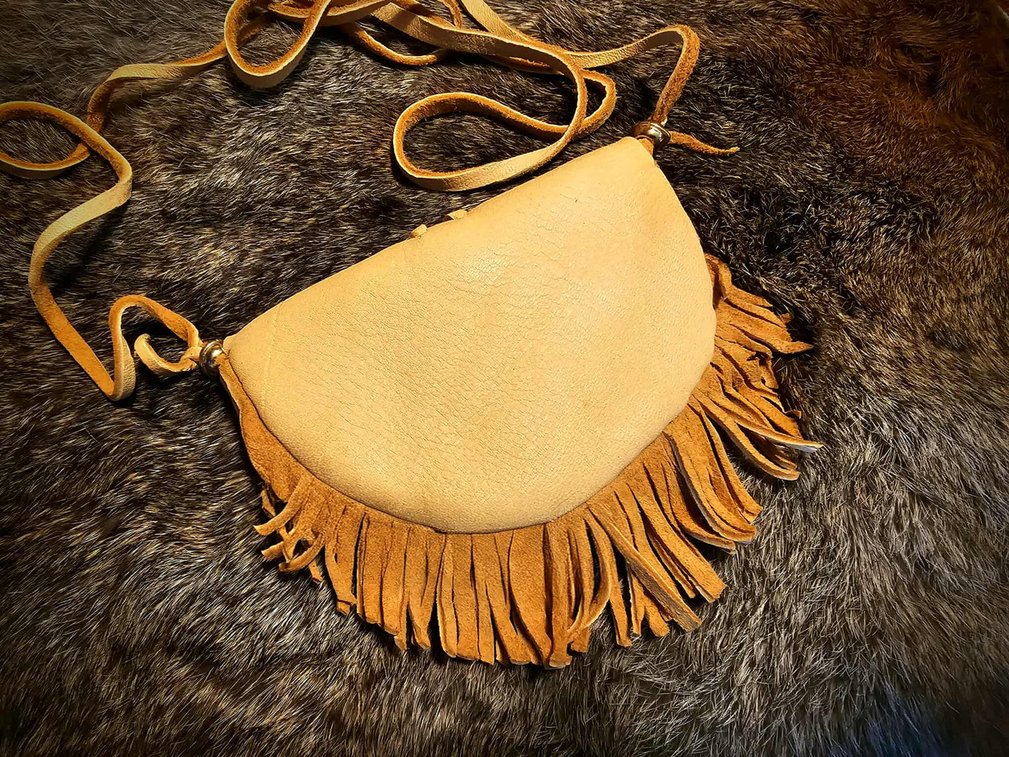 Handmade Buckskin Half Moon Medicine Bag Neck Pouch With Bone