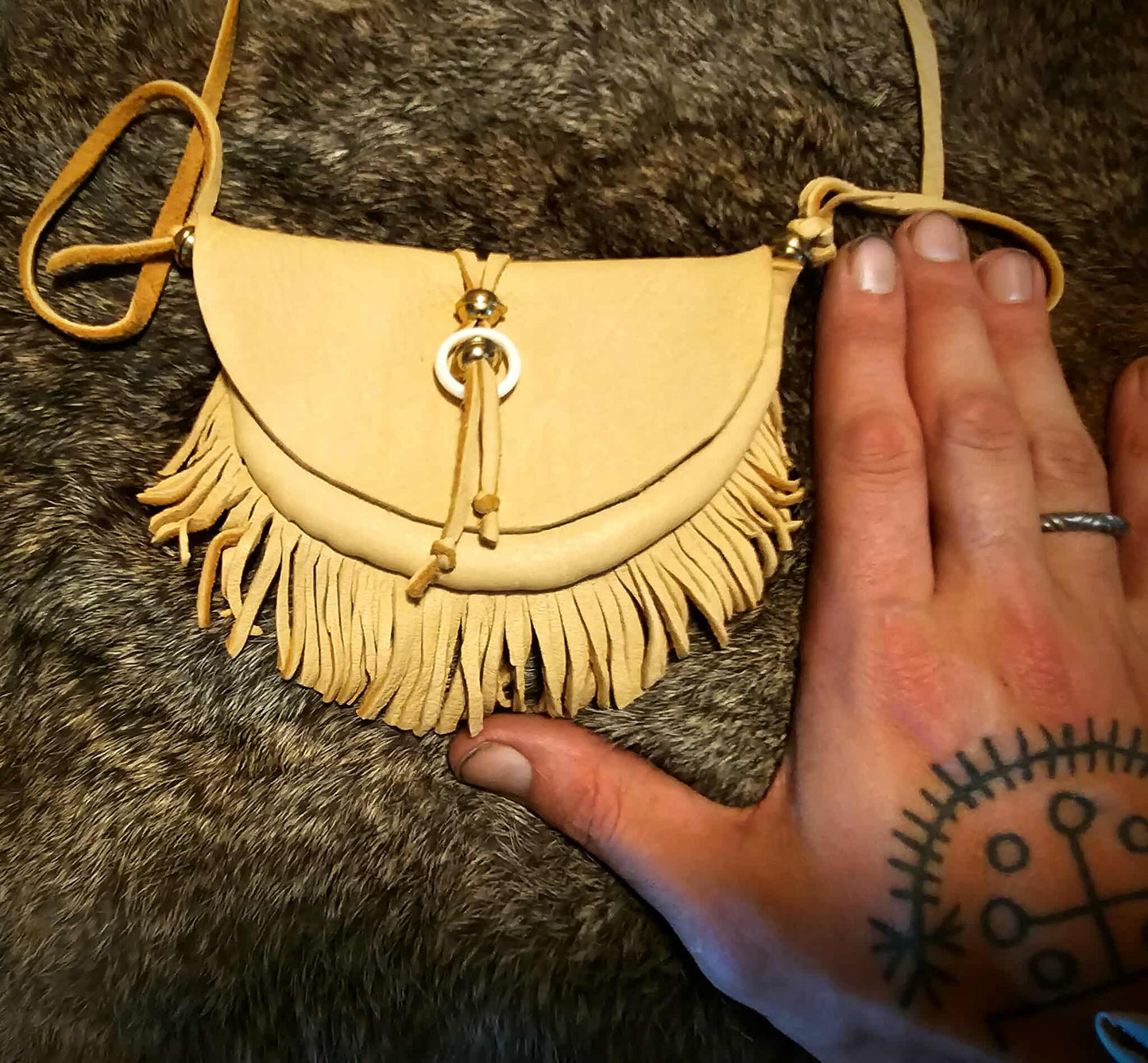 Handmade Buckskin Half Moon Medicine Bag Neck Pouch With Bone