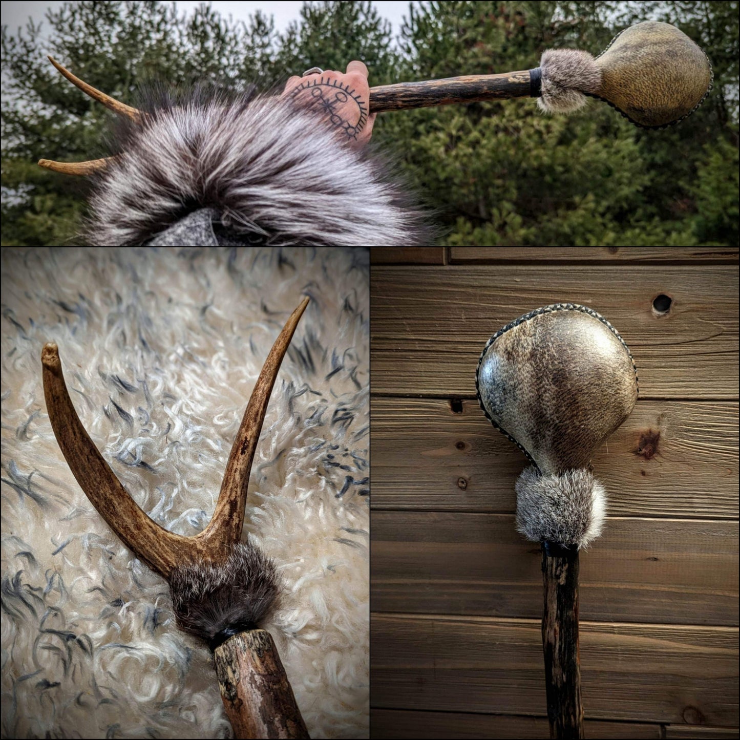 Grárbjörn "Grey Bear" Bear Hide Shaman Rattle with Rabbit Fur and Deer Antler