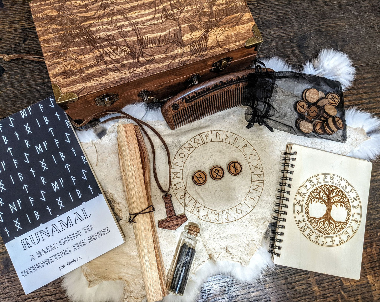 Norse Pagan Asatru Heathen Altar Box Bundle - Runamal | Oak Rune Set | Comb | Notebook | Tjarved | Matches | Mjolnir Pendant |