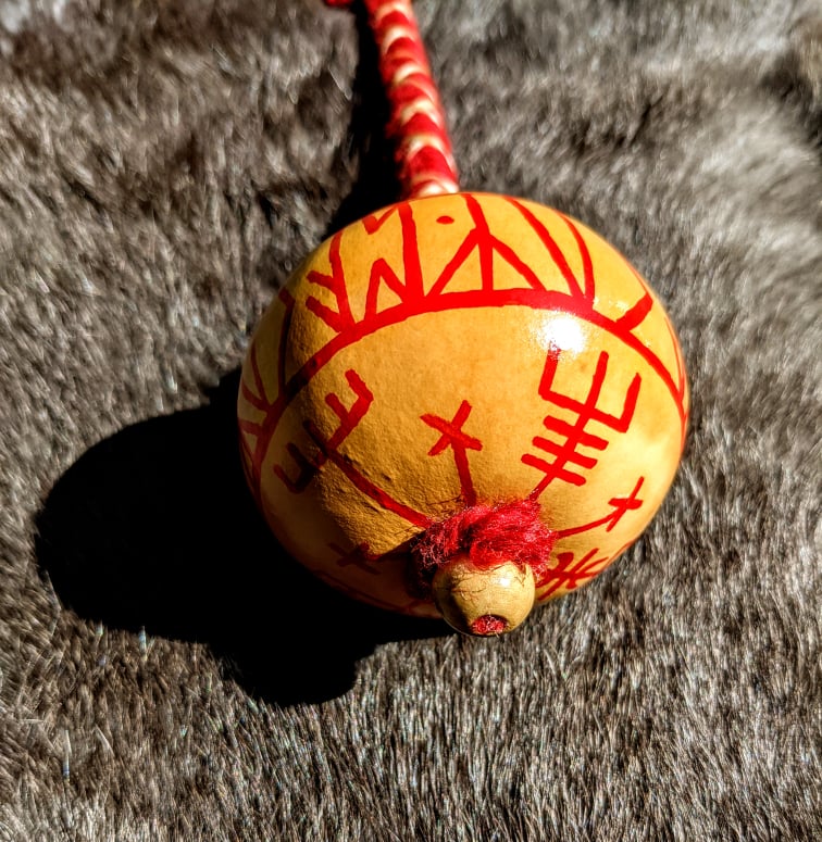 Discovery Meditation Shaman Rattle Runic Hand Painted Gourd Rattle Sinew Wrapping