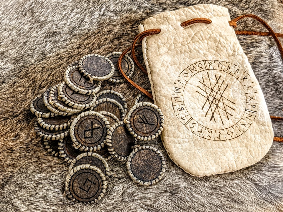Unique Sinew Wrapped Birch Elder Futhark Rune Set with Web of Wyrd Bison Leather Bag