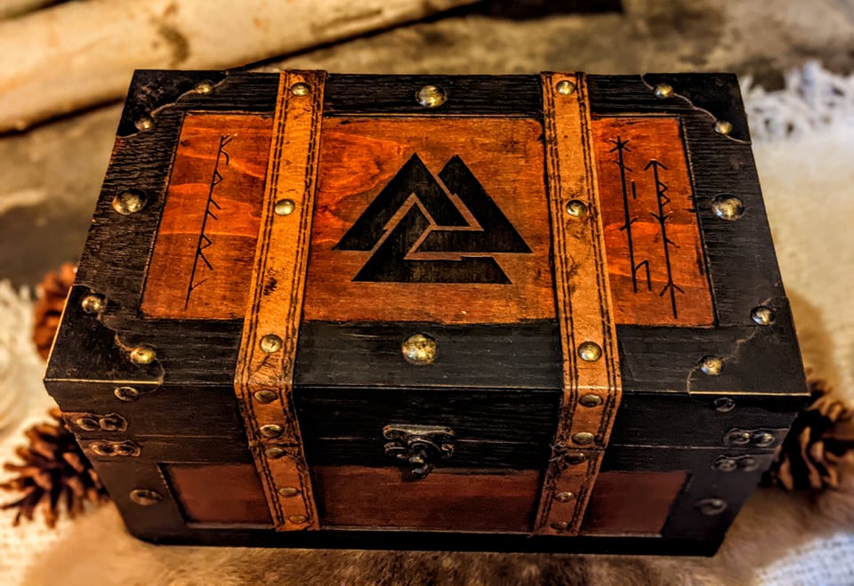 Leather Trimmed Wood Valknut & Younger Futhark Rune Trunk | Wood Box | Norse Pagan Box | Rune Box | Heathen | Viking