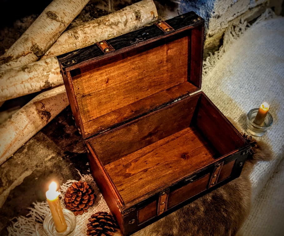 Leather Trimmed Wood Valknut & Younger Futhark Rune Trunk | Wood Box | Norse Pagan Box | Rune Box | Heathen | Viking