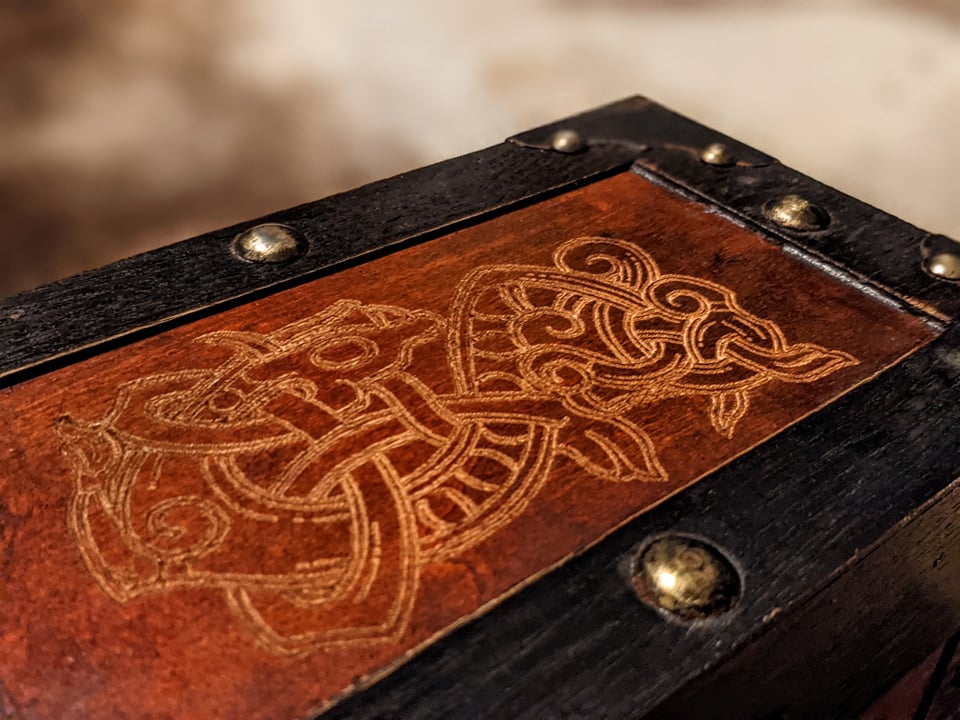 Dark Red Wood Norse Jelling Art Dragon Trunk | Wood Box | Pagan Box | Rune Box | Heathen | Viking