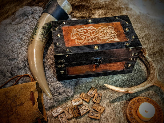 Dark Red Wood Norse Jelling Art Dragon Trunk | Wood Box | Pagan Box | Rune Box | Heathen | Viking