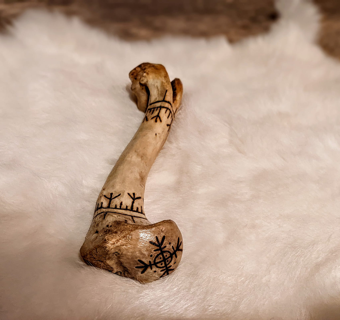 Deer Humerus Bone Rattle | Glass Bead Filled Bone | Burned With Algiz & Protection Circle Stave