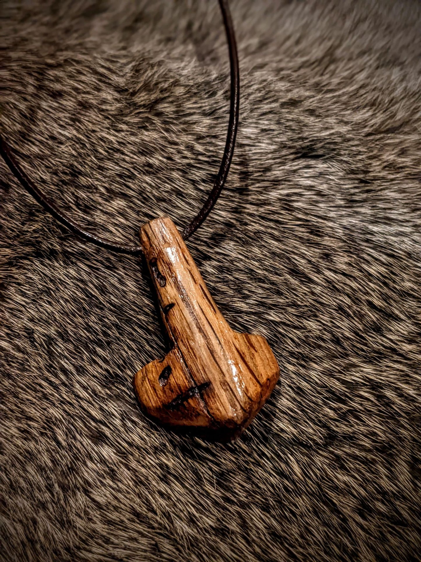 Aged Hickory Mjolnir Pendant | Hand Carved | Leather Cord