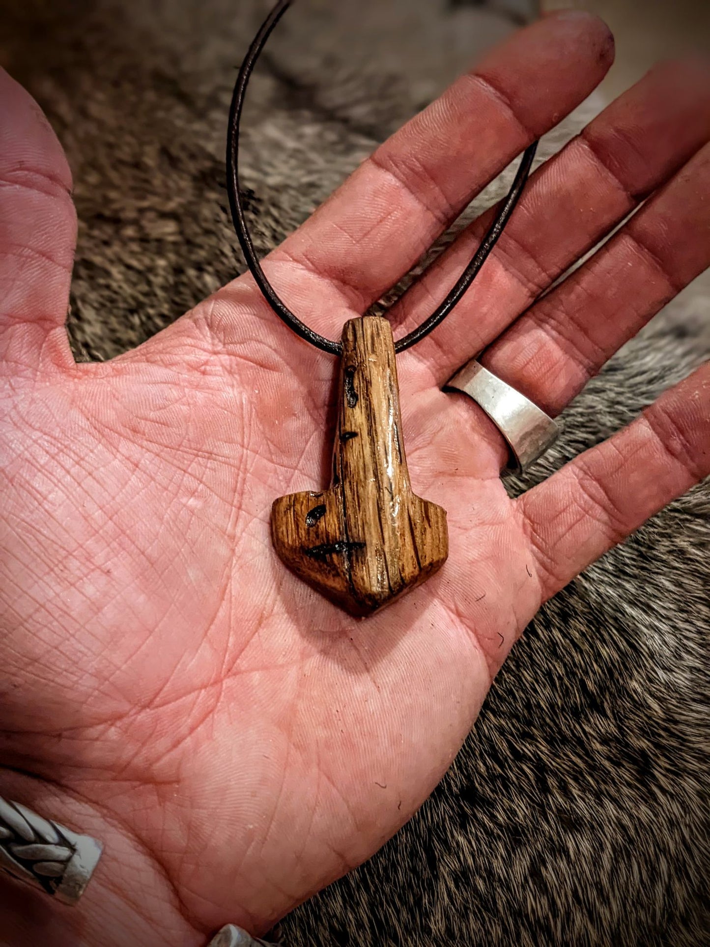 Aged Hickory Mjolnir Pendant | Hand Carved | Leather Cord