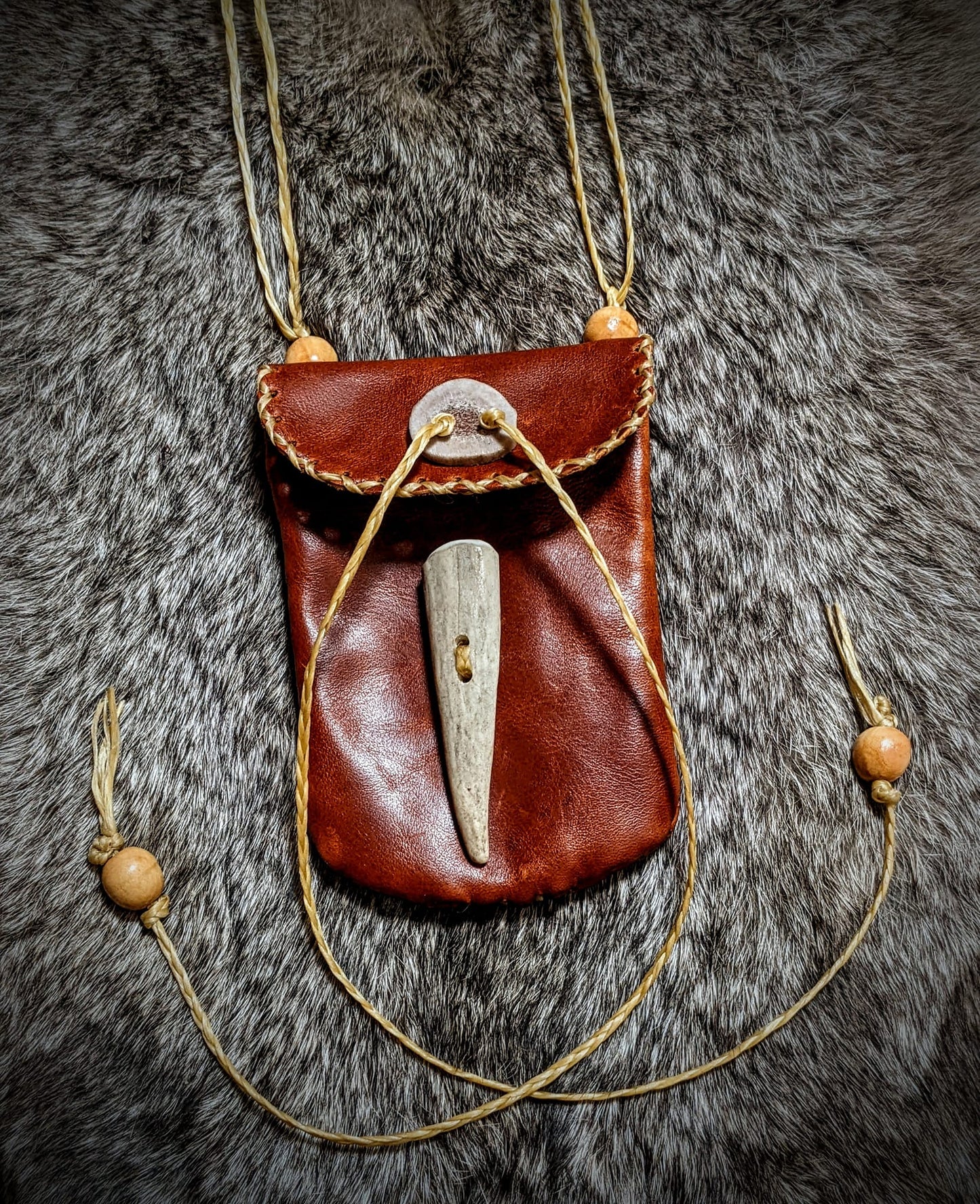 Wearable Hand Sewn Leather Rune or Medicine Bag | Antler Button