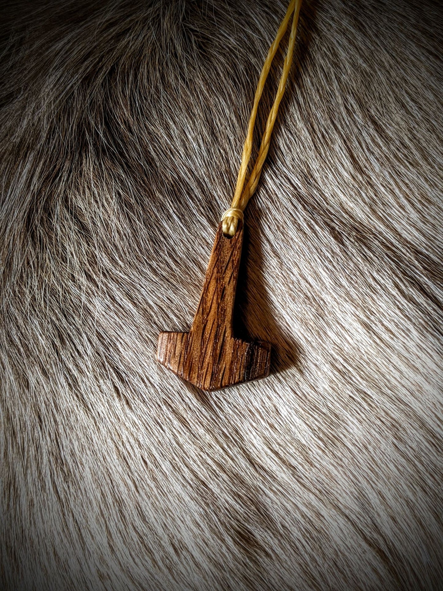 Aged Hickory Mjolnir Pendant | Hand Carved | Braided Sinew Cord