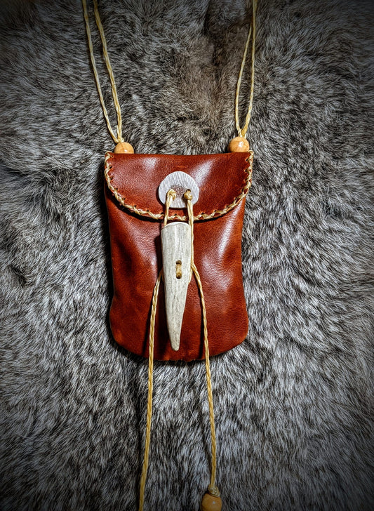 Wearable Hand Sewn Leather Rune or Medicine Bag | Antler Button