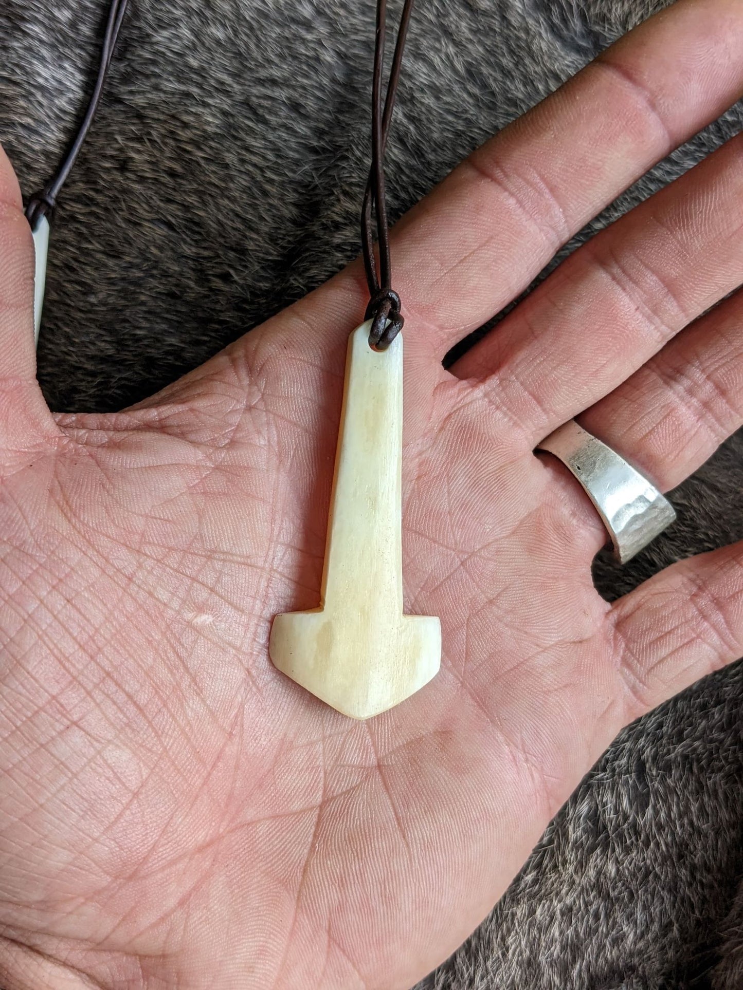 Primitive Mjolnir Pendant - Hand Carved Elk Bone - Leather Cord