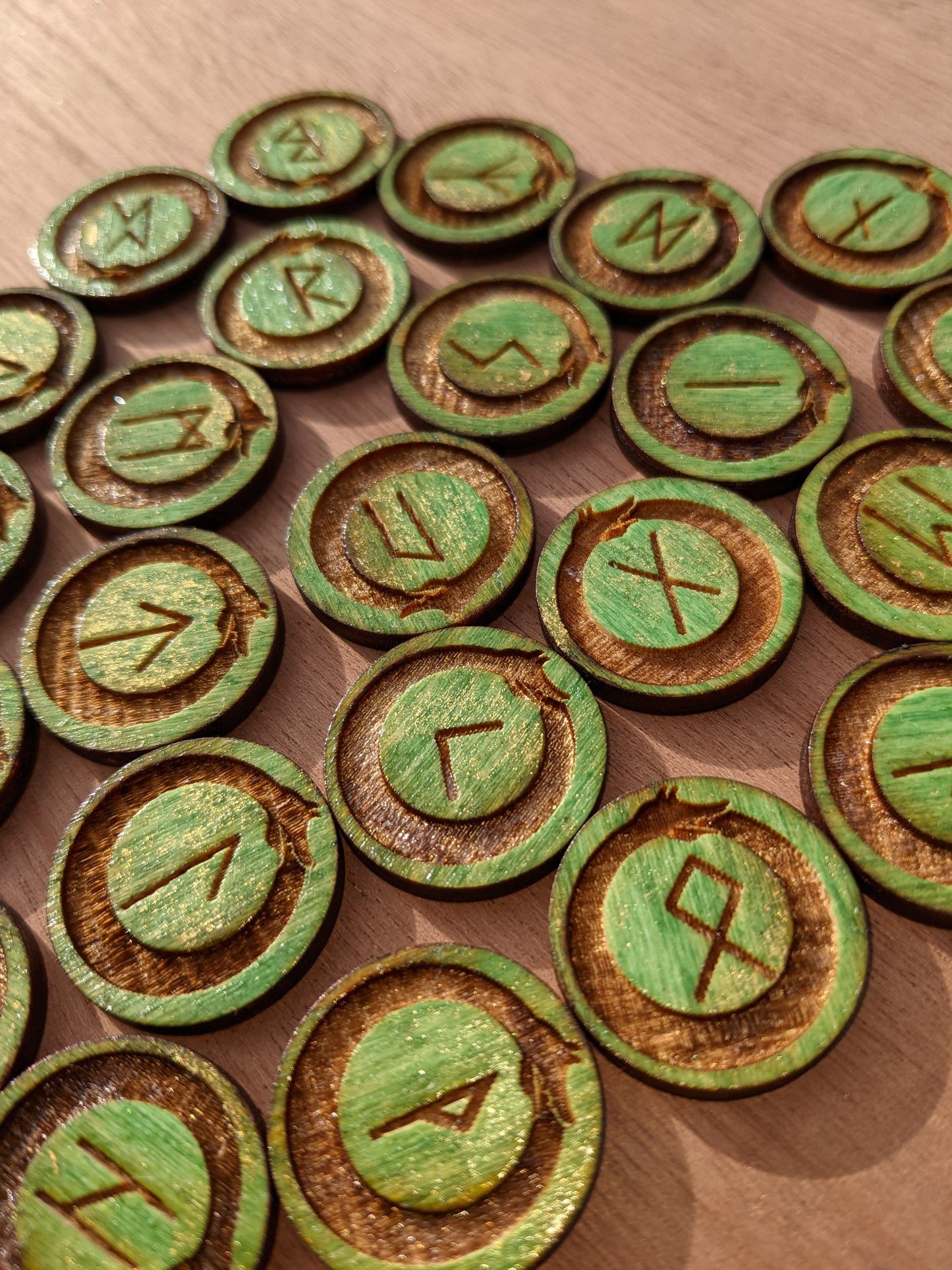 Green & Gold Loki Jormungandr Engraved Wood Rune Set