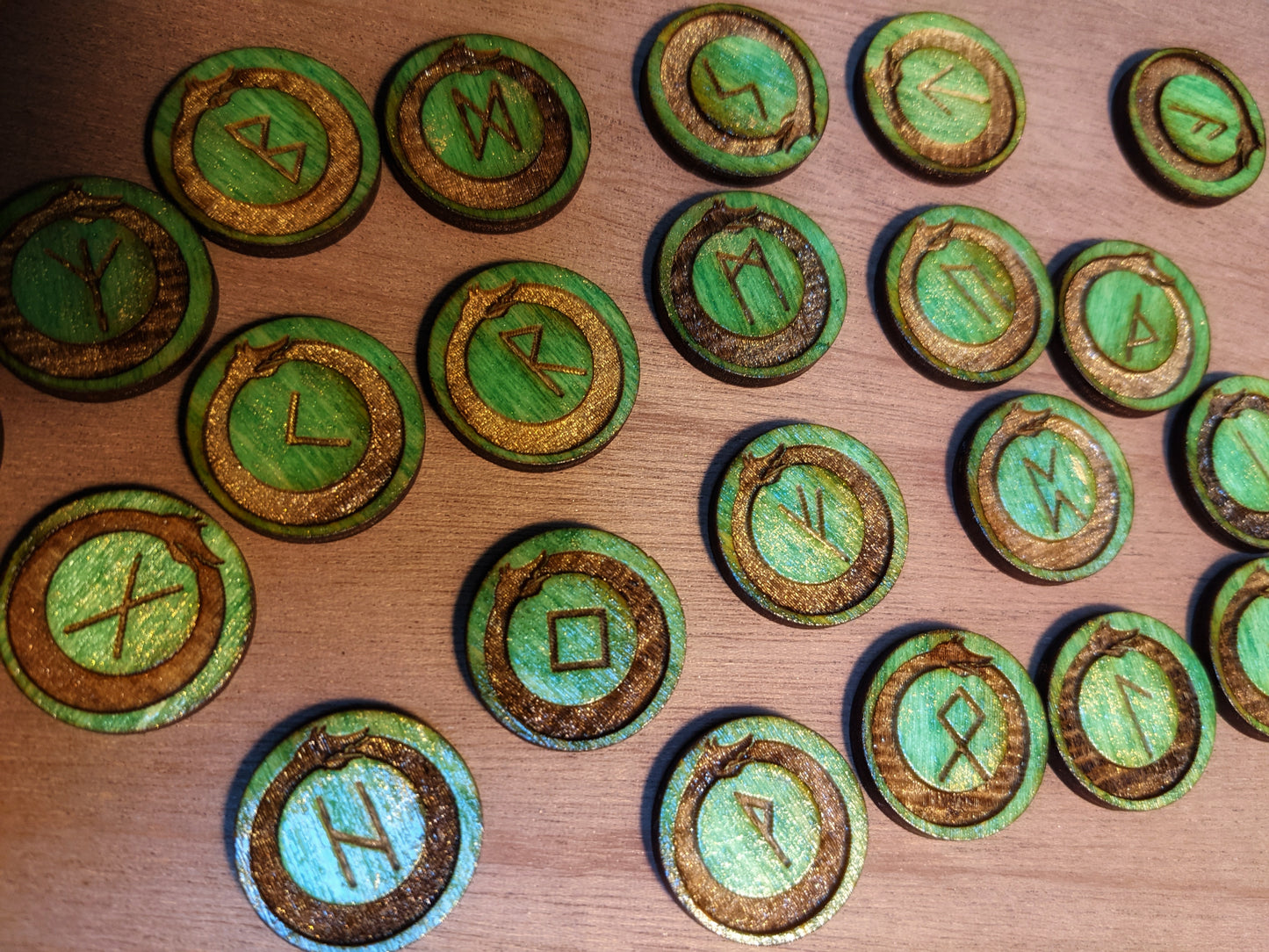 Green & Gold Loki Jormungandr Engraved Wood Rune Set