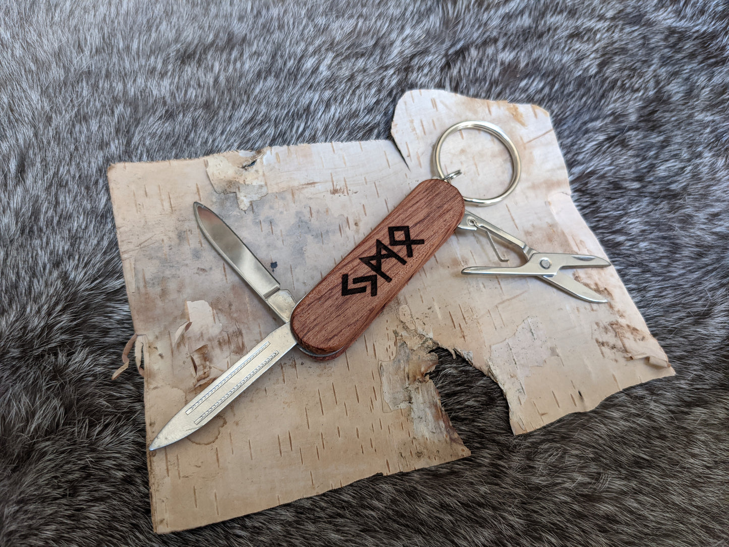 Engraved Rune Initial Wood Keychain Knife | Personalized Knife | Pocket Knife With File & Scissors