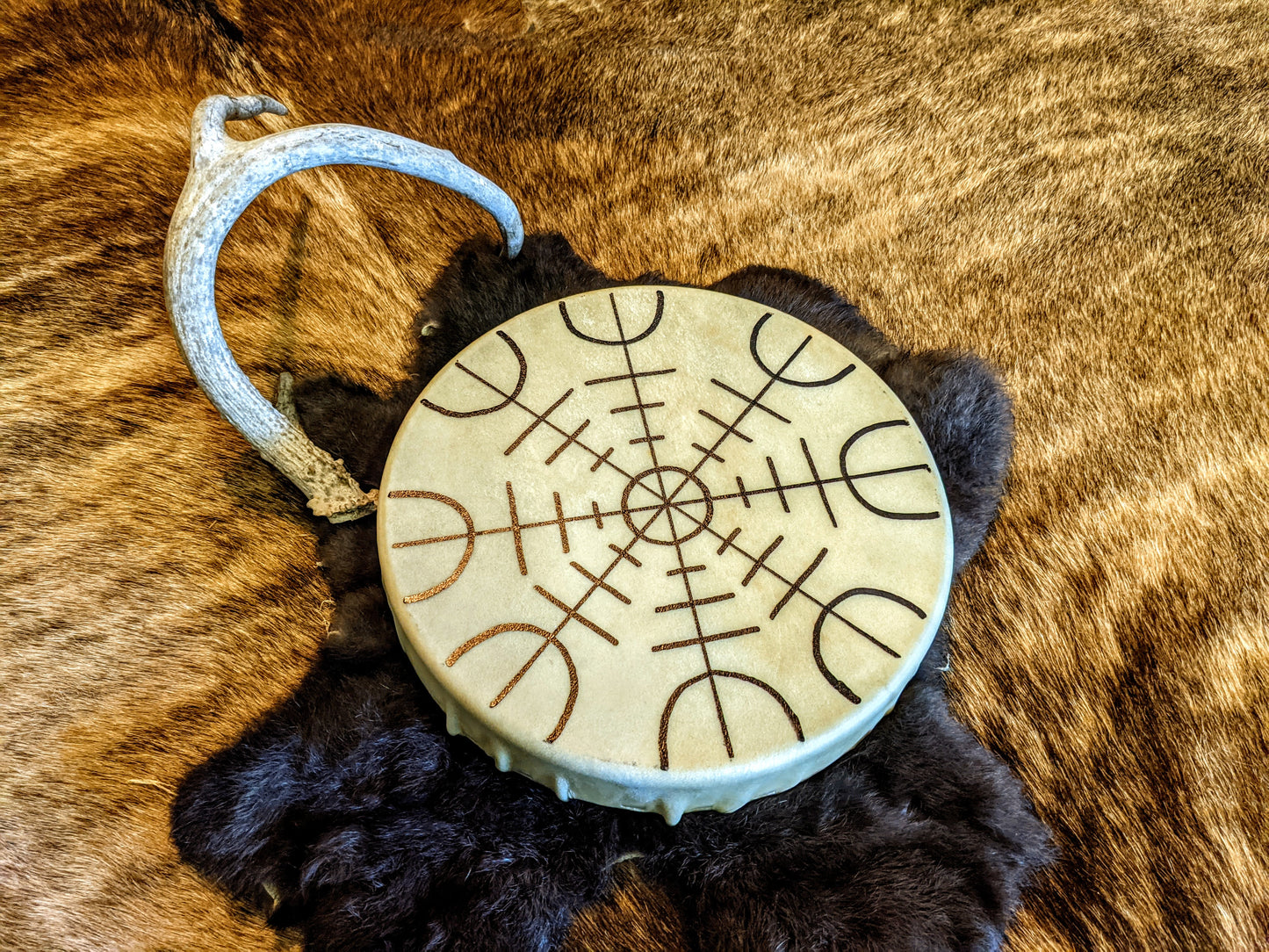 Ægishjálmr Helm of Awe Deer Skin Shaman Drum 10" With Alder Branch Beater Hand Painted Norse Pagan Asatru