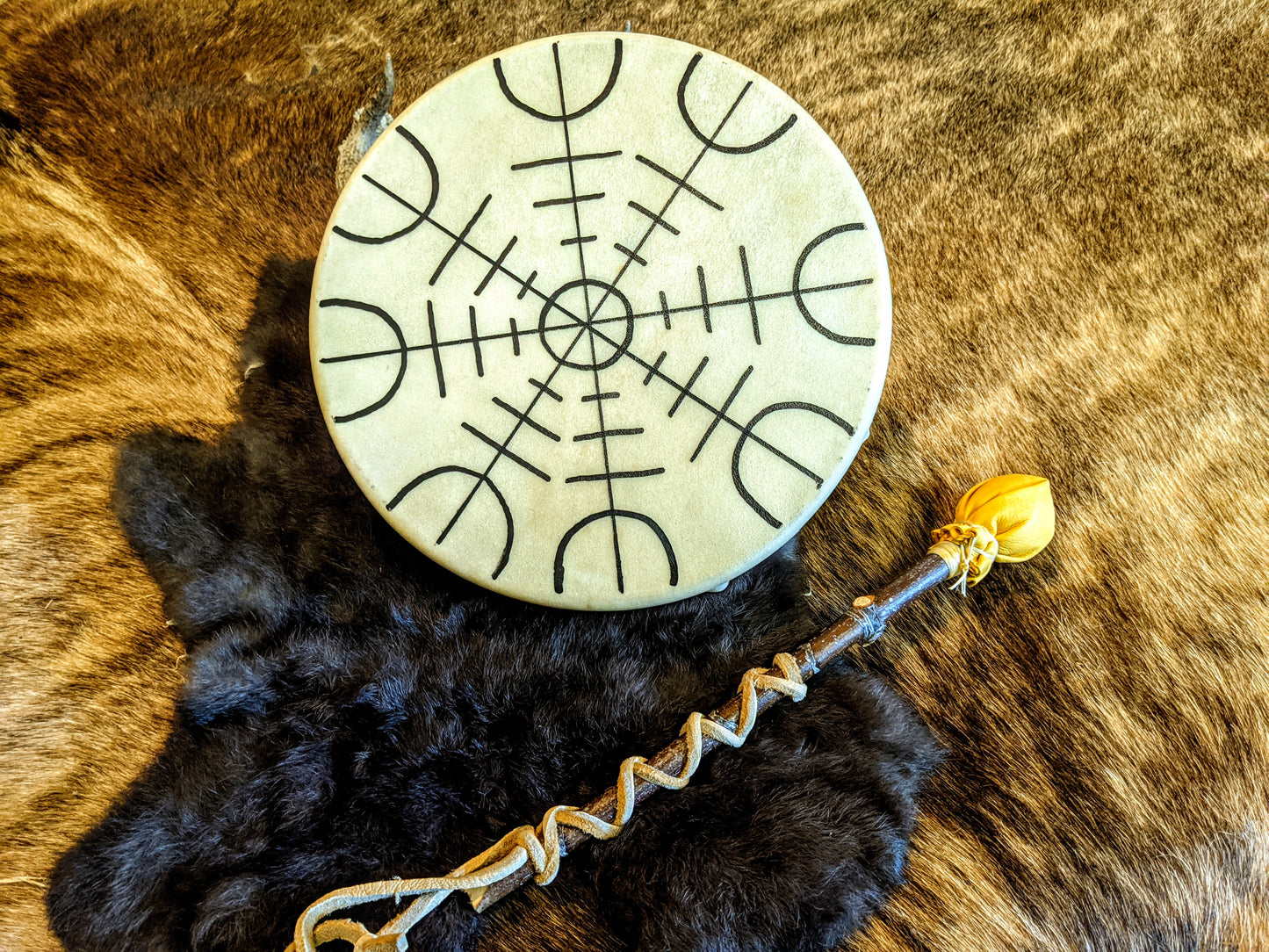 Ægishjálmr Helm of Awe Deer Skin Shaman Drum 10" With Alder Branch Beater Hand Painted Norse Pagan Asatru