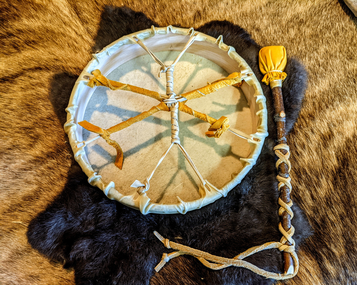 Ægishjálmr Helm of Awe Deer Skin Shaman Drum 10" With Alder Branch Beater Hand Painted Norse Pagan Asatru