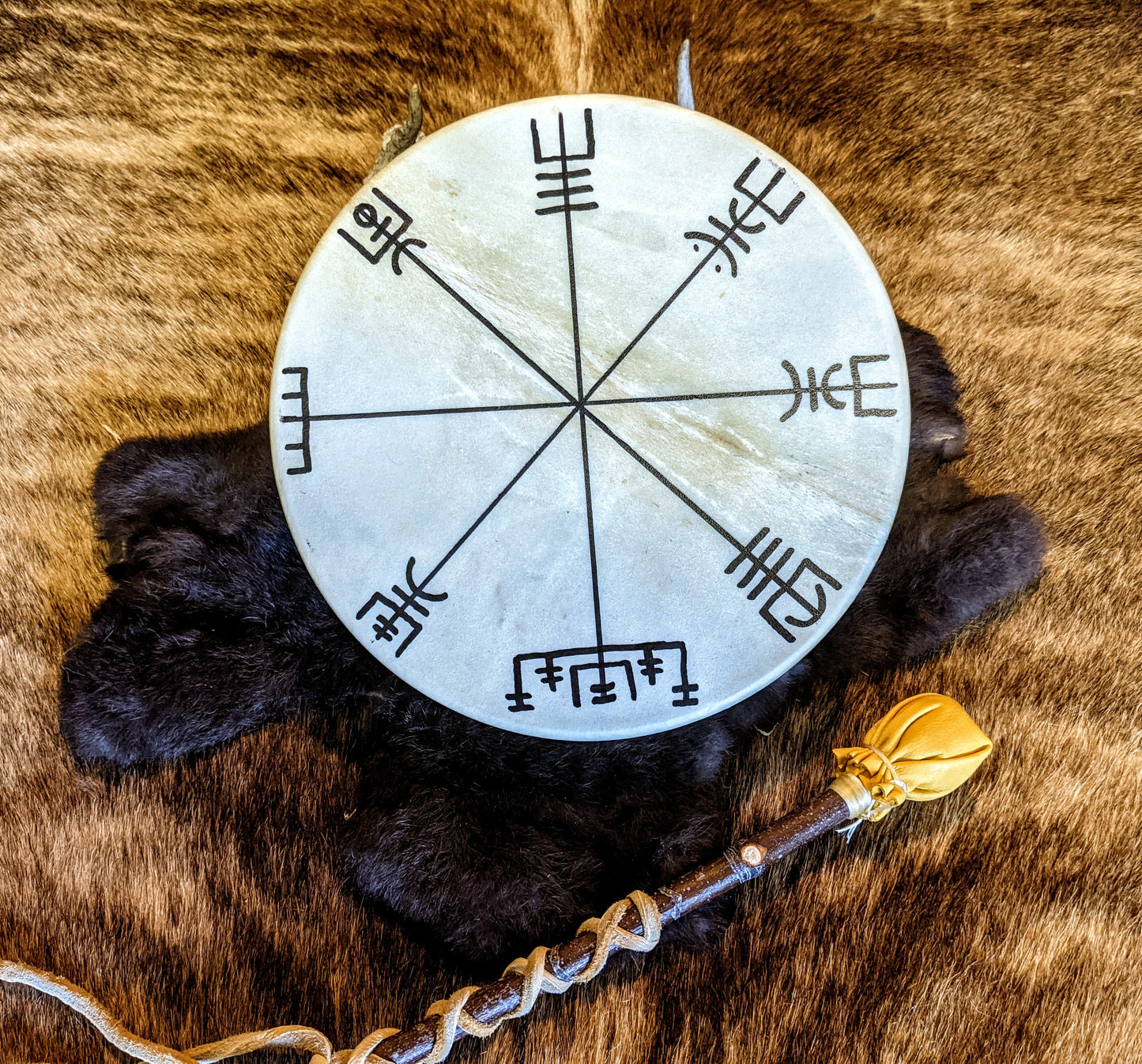 Vegvisir Deer Skin Shaman Drum 10" With Alder Branch Beater Hand Painted Norse Pagan Asatru