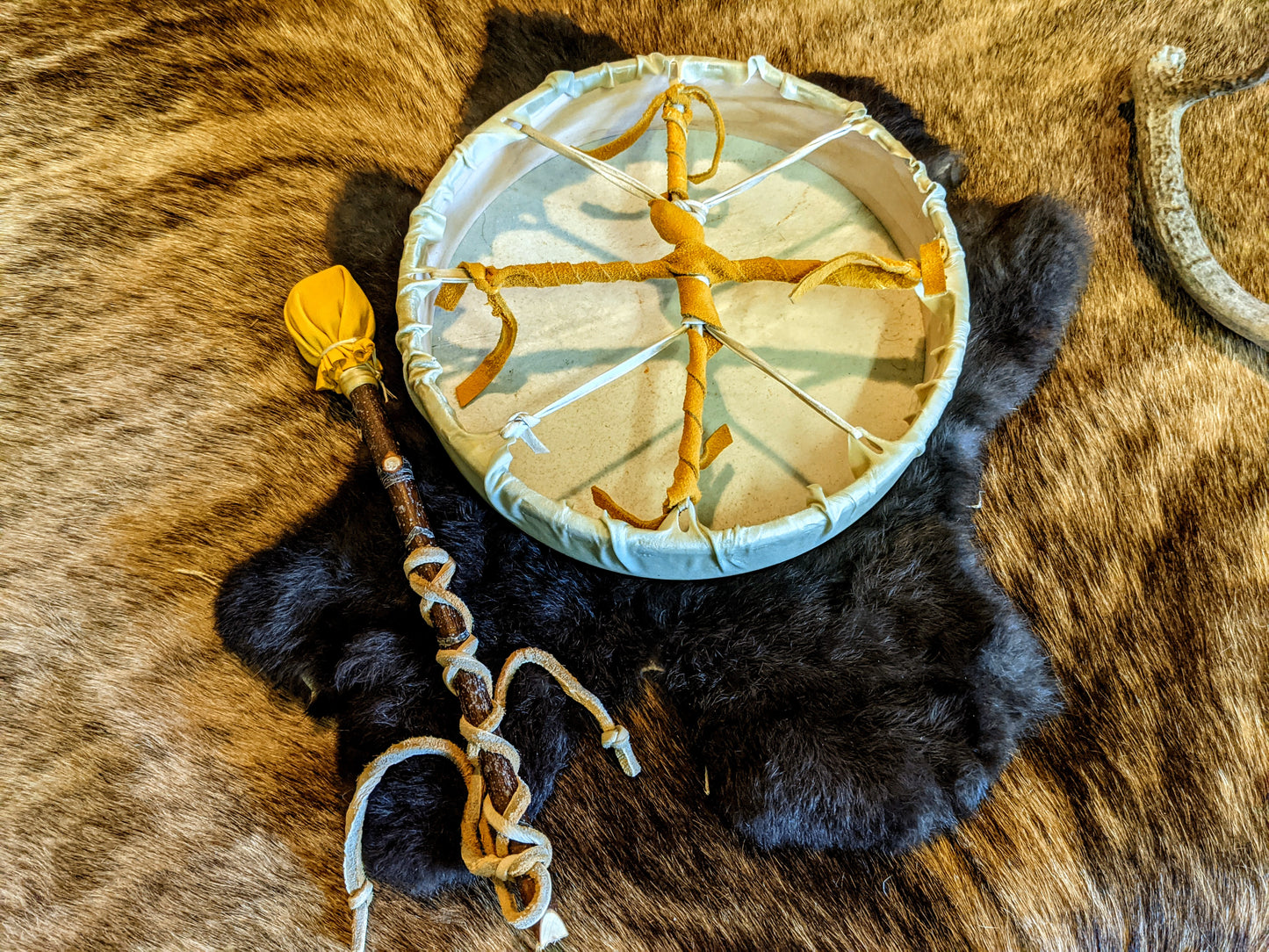 Vegvisir Deer Skin Shaman Drum 10" With Alder Branch Beater Hand Painted Norse Pagan Asatru