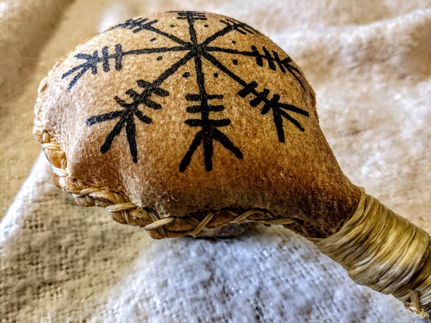 Norse Pagan Shaman Rattle Moose Hide Hand Painted Spirit of Amplified Protection