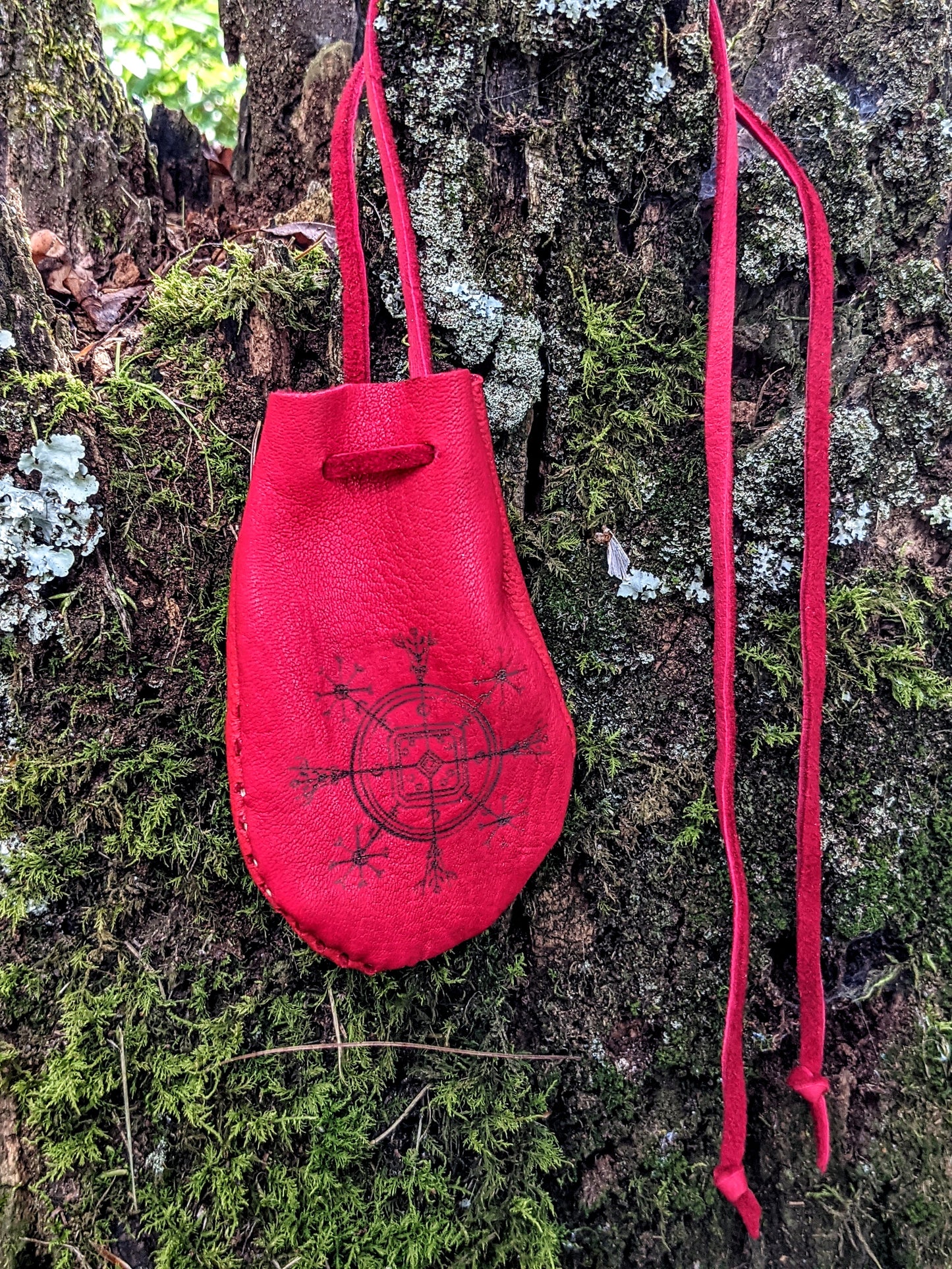 Red Hulinhjalmur (“Helm Of Disguise”)  Stave Buckskin Leather 2x3 Medicine Bag Neck Pouch Rune Norse Pagan