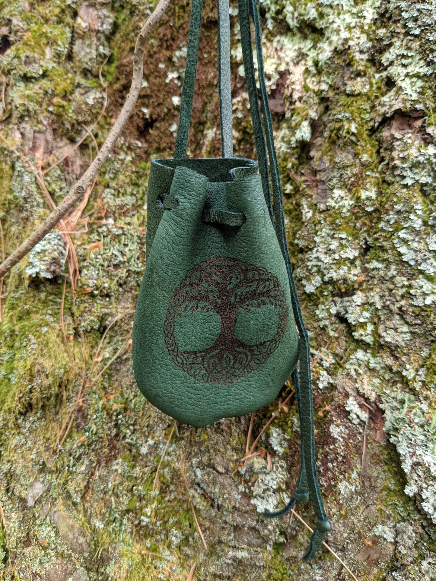 Green Yggdrasil Buckskin Leather 2x3.5 Medicine Bag Neck Pouch Rune Norse Pagan