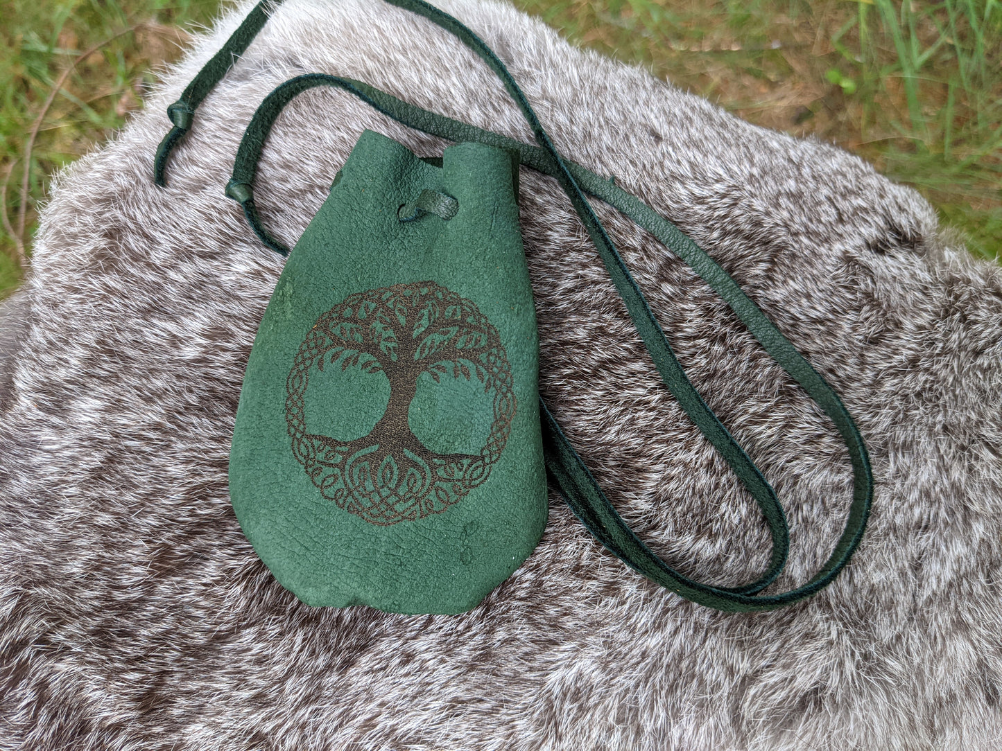 Green Yggdrasil Buckskin Leather 2x3.5 Medicine Bag Neck Pouch Rune Norse Pagan