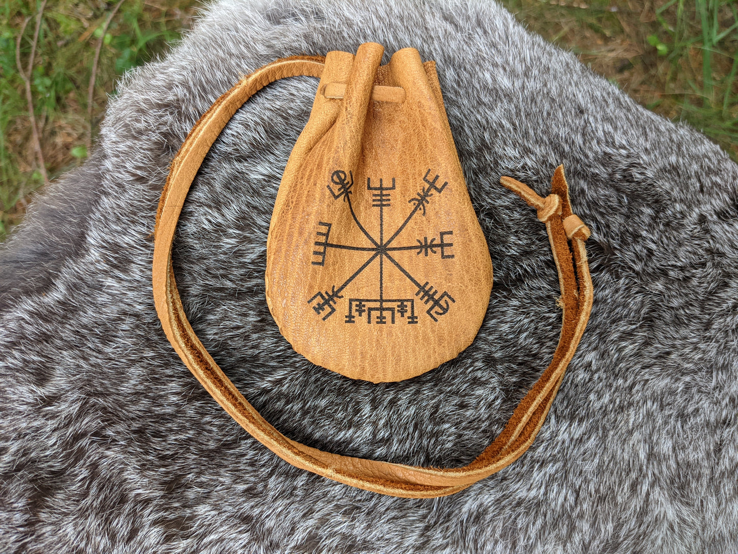 Brown Vegvisir Buckskin Leather 2x3.5 Medicine Bag Neck Pouch Rune Norse Pagan