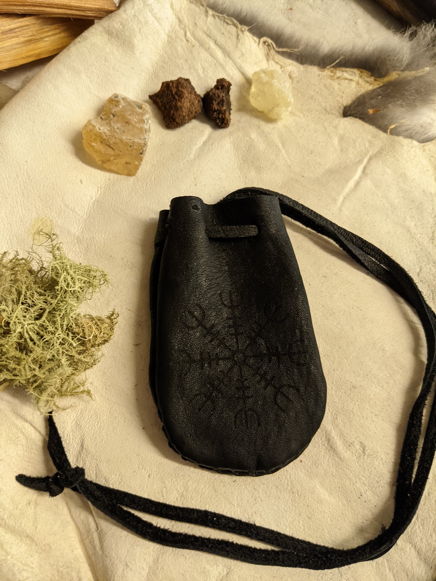 Black Helm of Awe Buckskin Leather 2x3.5 Medicine Bag Neck Pouch Rune Norse Pagan