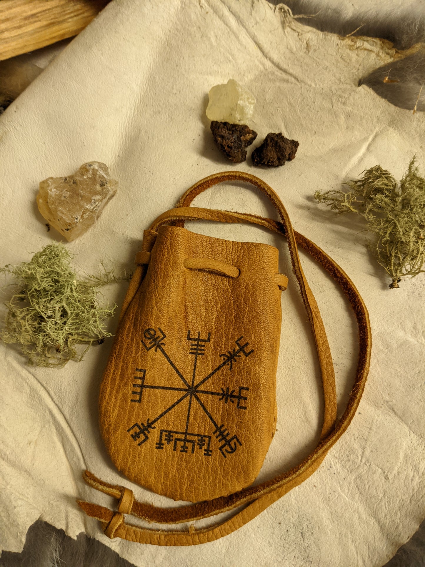 Brown Vegvisir Buckskin Leather 2x3.5 Medicine Bag Neck Pouch Rune Norse Pagan