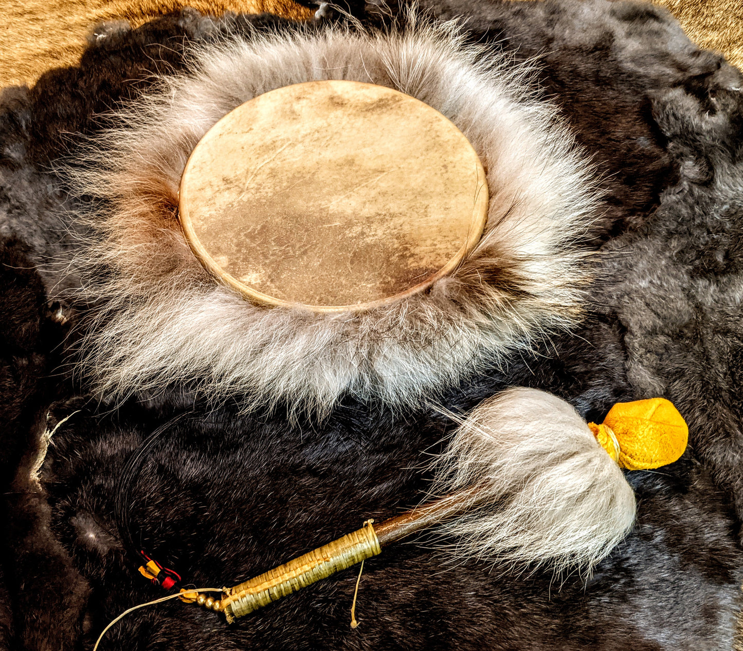 10" Wolf Fur Deer Hide Norse Shaman Drum With Leather Beater + Horse Hair + Brass Beads