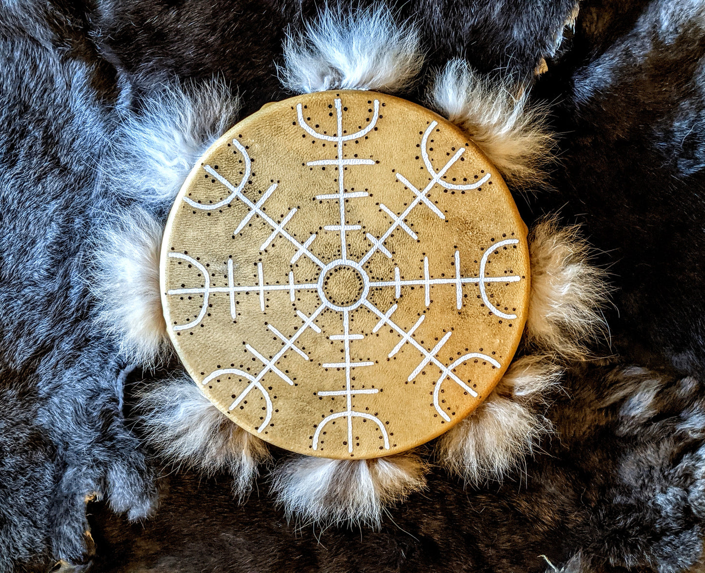 Hand Painted Bear Skin Drum + Bobcat Fur Norse Shaman With Alder & Leather Beater