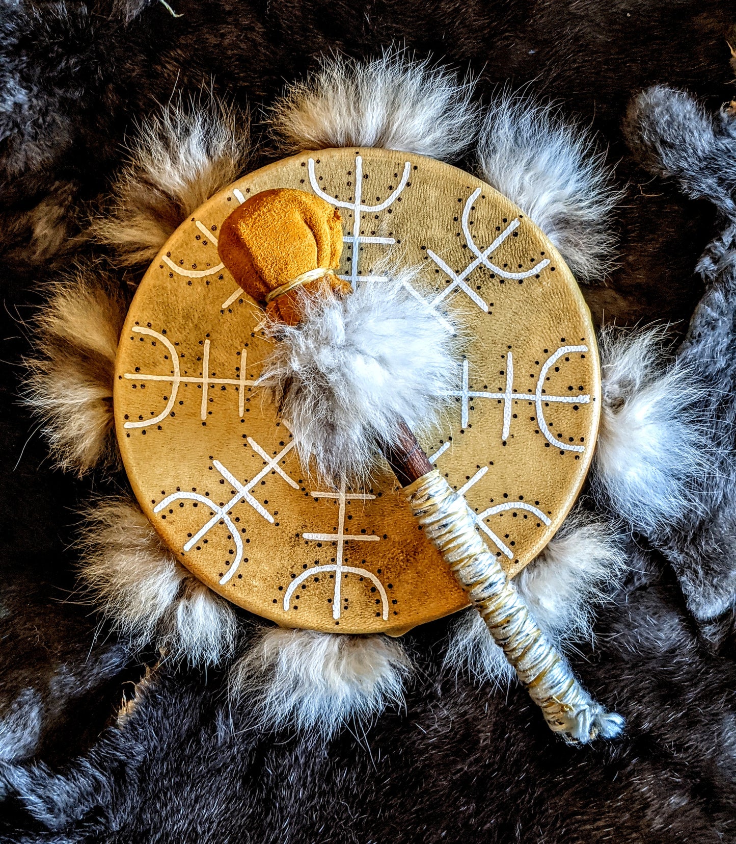 Hand Painted Bear Skin Drum + Bobcat Fur Norse Shaman With Alder & Leather Beater