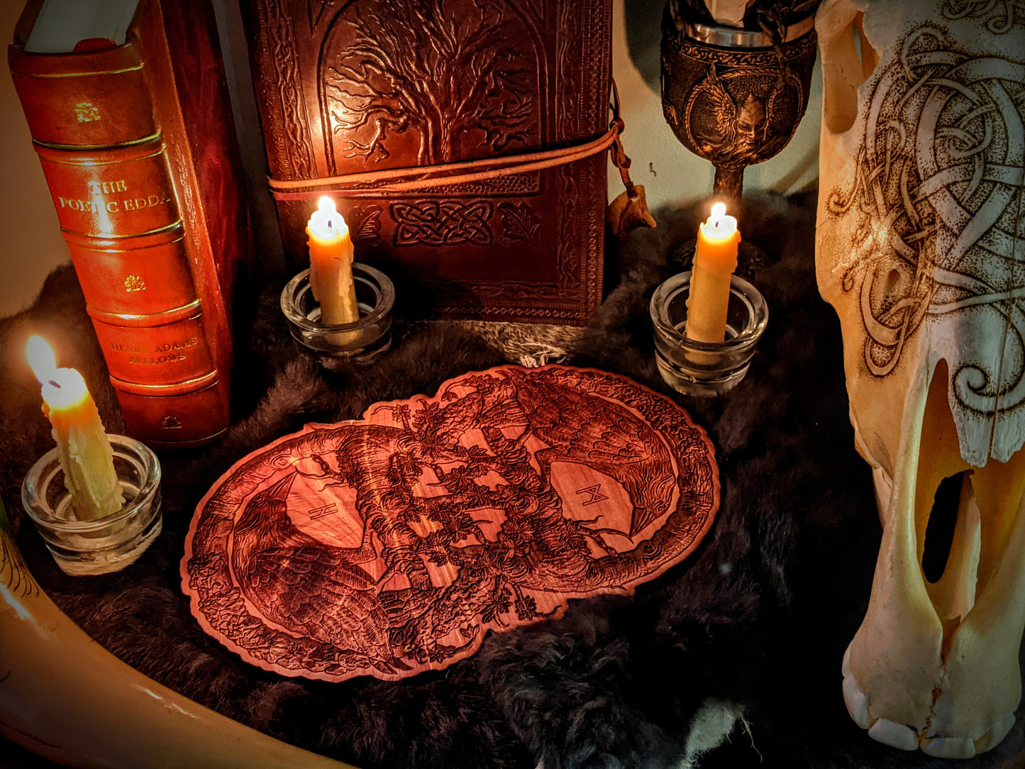 Huginn + Muninn Odin's Ravens Cedar Engraved Altar Plate | Norse Pagan | Asatru Altar